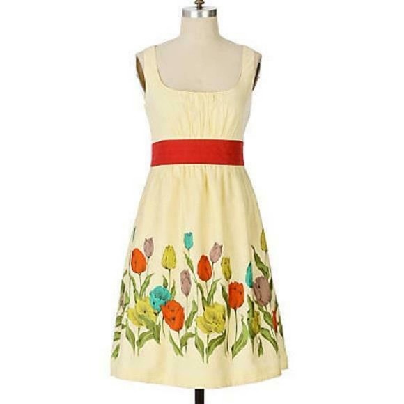 Maeve Dresses & Skirts - Anthropologie Maeve Tulip Empire Pleated Knee Length Dress Yellow Cotton Lined 2